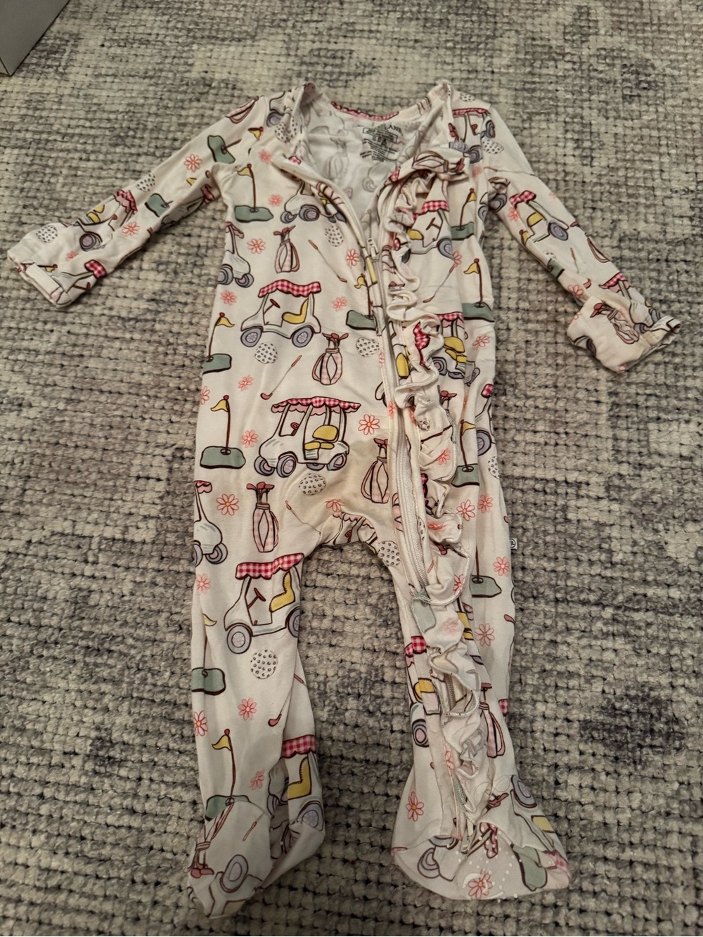 Caden Lane Cream Footie with Pastel Vehicle Print and Ruffle Zip